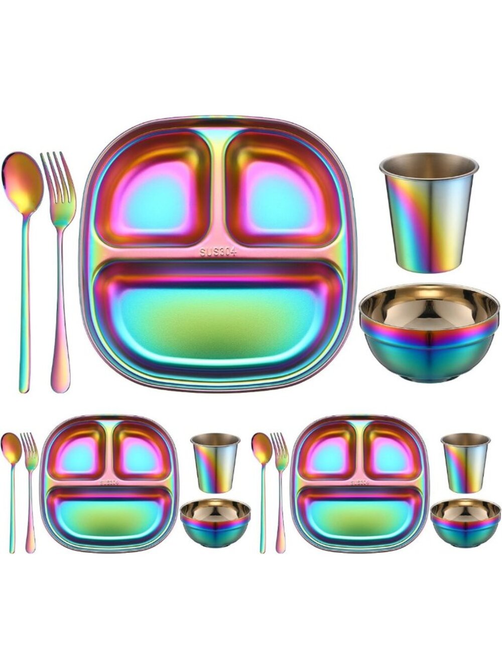 15 Pcs Stainless Steel Kids Dinnerware Set - Divided Plates, Bowls, Cups